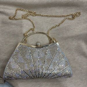 D’Margeaux Rhinestone Sunburst Evening Clutch Bag – Gold/Silver Sparkle